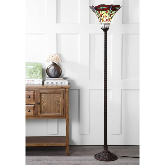 JONATHAN Y Dragonfly Tiffany-Style 71" Torchiere LED Floor Lamp, Bronze/Red, JYL8002A