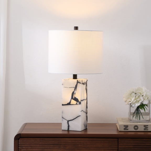 JONATHAN Y Elizabeth 24.25" Contemporary Coastal Alabaster LED Table Lamp with Body Night Light, Black/White, JYL8507A