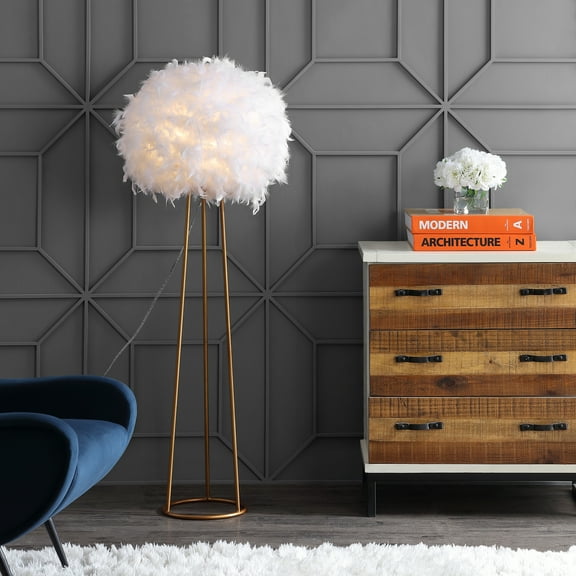 JONATHAN Y Stork 52" Feather Metal LED Floor Lamp, White/Gold, JYL9052A