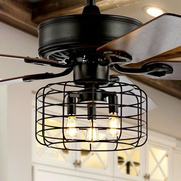 JONATHAN Y Asher 52" 3-Light Industrial Metal/Wood LED Ceiling Fan With Remote, Forged Black