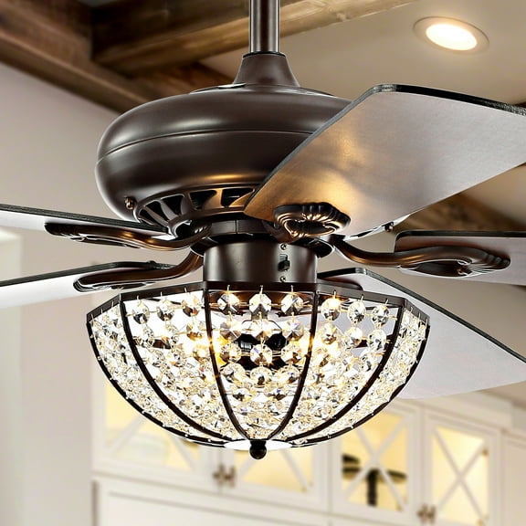 JONATHAN Y Joanna 52" 3-Light Bronze Crystal LED Ceiling Fan With Remote, Oil Rubbed Bronze