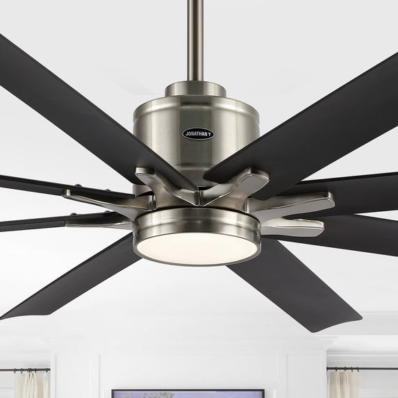 JONATHAN Y Octo 66" 1-Light Contemporary Industrial Iron/Plastic Mobile-App/Remote-Controlled 6-Speed Ceiling Fan with Integrated LED Light, Nickel/Dark Brown Wood Finish