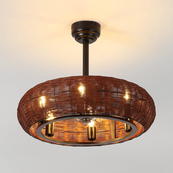 JONATHAN Y Cassidy 23" 6-Light Modern Bohemian 6-Speed Metal/Rattan Mobile-App/Remote-Controlled Height-Adjustable Lantern LED Ceiling Fan, Dark Brown/Black