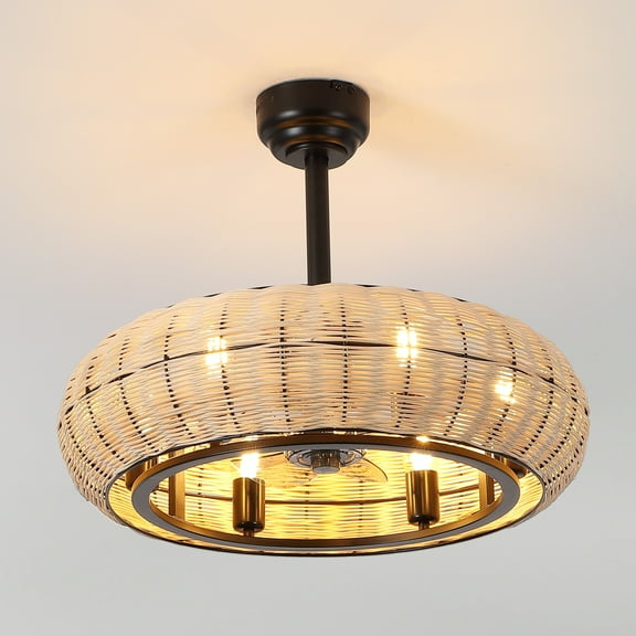 JONATHAN Y Cassidy 23" 6-Light Modern Bohemian 6-Speed Metal/Rattan Mobile-App/Remote-Controlled Height-Adjustable Lantern LED Ceiling Fan, Light Brown/Black