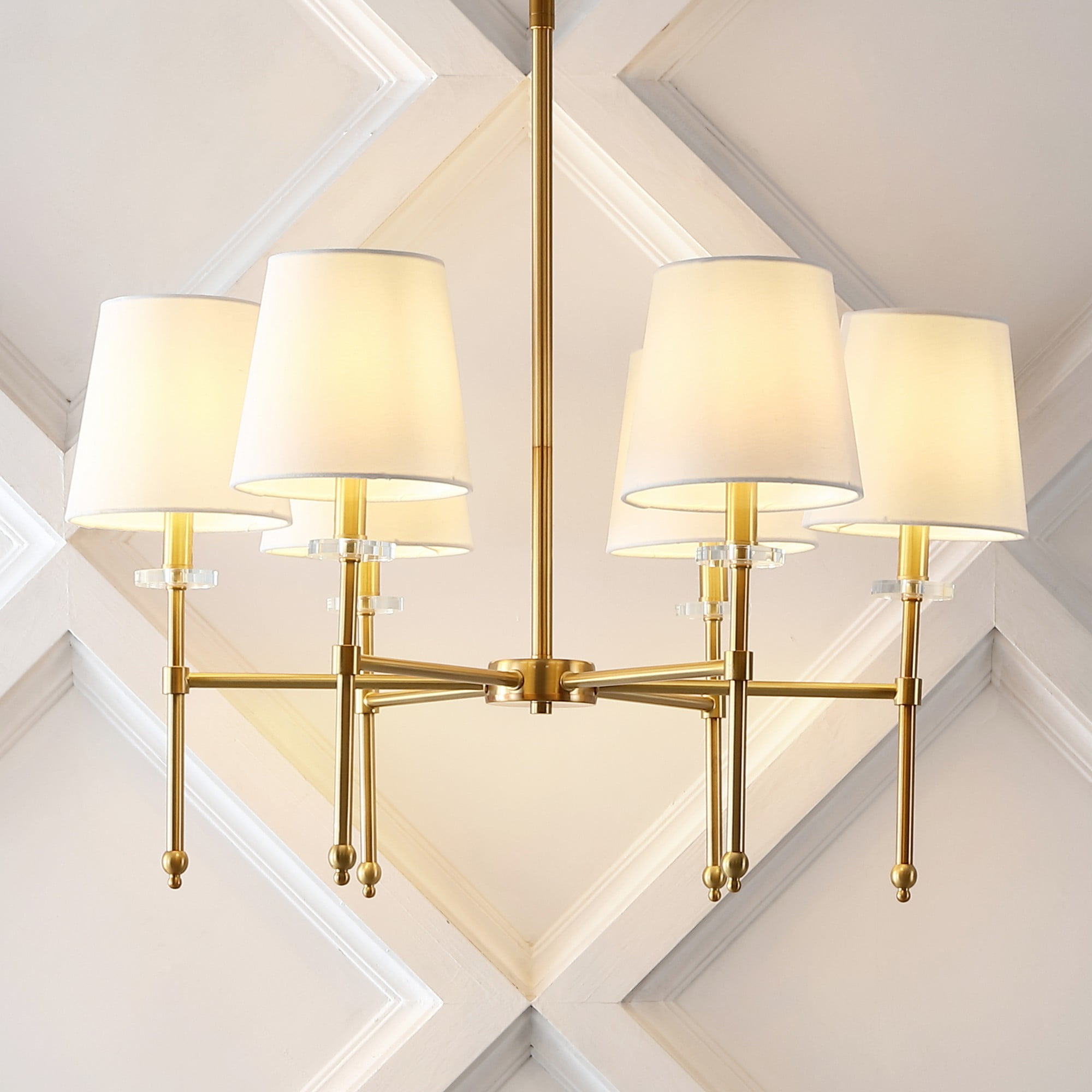 Cillian 27" Satin Gold Brass 6-Light LED Chandelier with White Fabric Shades