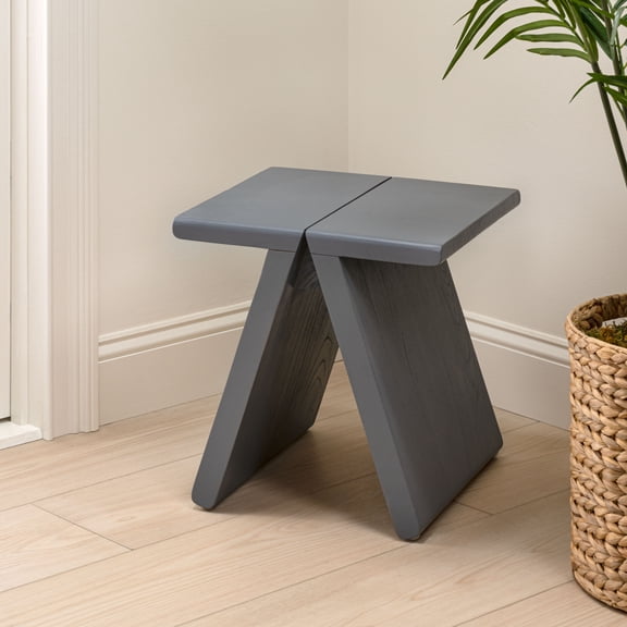 JONATHAN Y Jack 15.75" Rustic Scandinavian Handcrafted Solid Mindi Wood Sculptural Base Accent Stool, Dark Gray, STL3002B