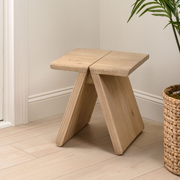 JONATHAN Y Jack 15.75" Rustic Scandinavian Handcrafted Solid Mindi Wood Sculptural Base Accent Stool, Natural, STL3002A