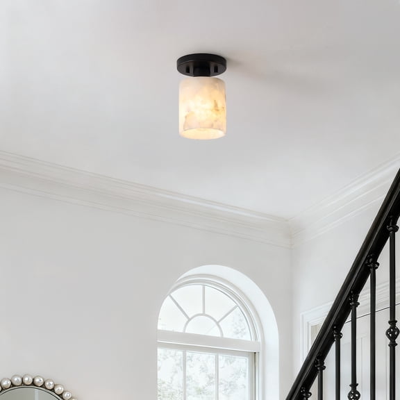 JONATHAN Y Jules 5.13" 1-Light Modern Contemporary Alabaster/Iron Cylinder LED Semi Flush Mount, White Marbling/Black