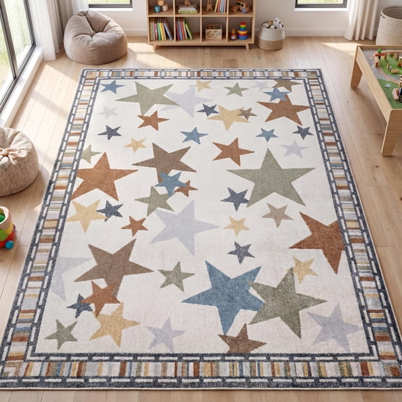 JONATHAN Y KIDS WASHABLE Star Gazer Geometric Area Rug, 8 x 10, Ivory/Blue/Orange