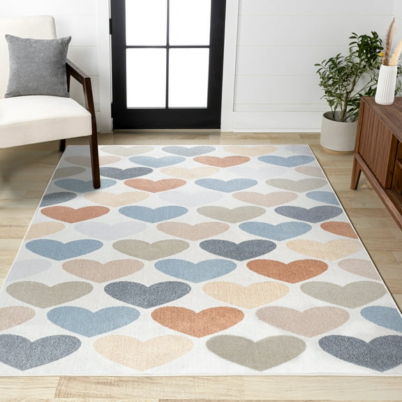 JONATHAN Y KIDS WASHABLE Dila Hearts Geometric Area Rug, 5 x 8, Ivory/Blue/Orange