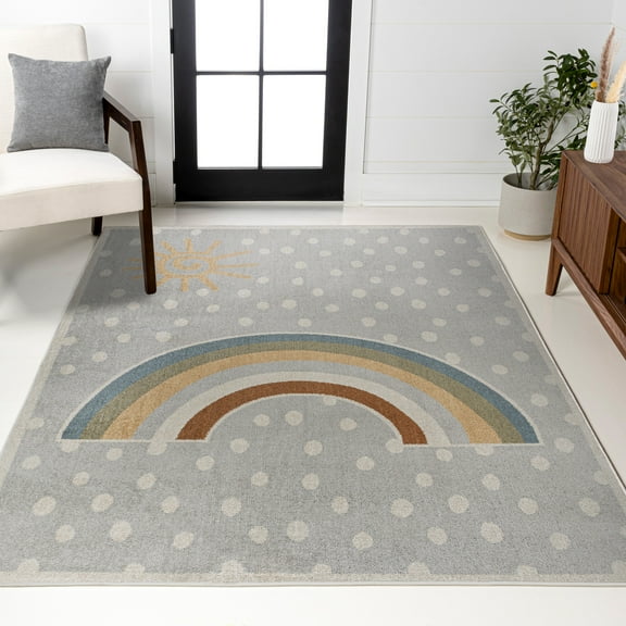 JONATHAN Y KIDS WASHABLE Minha Rainbow Dot Area Rug, 5 x 8, Gray/Ivory/Yellow