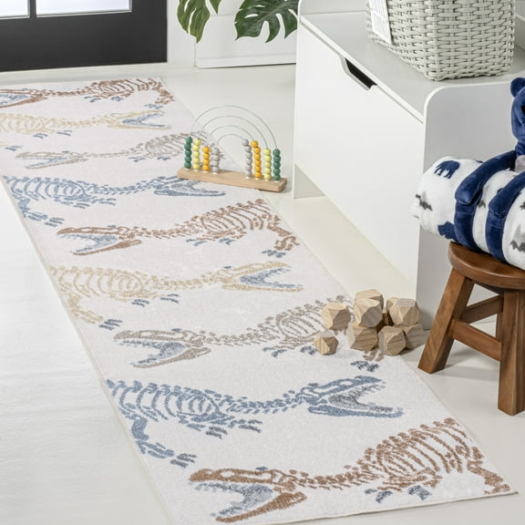 JONATHAN Y KIDS WASHABLE 2 x 8 Runner Rug, Kingdarr T-Rex Kids - Cream/Multi, KDW103A-28