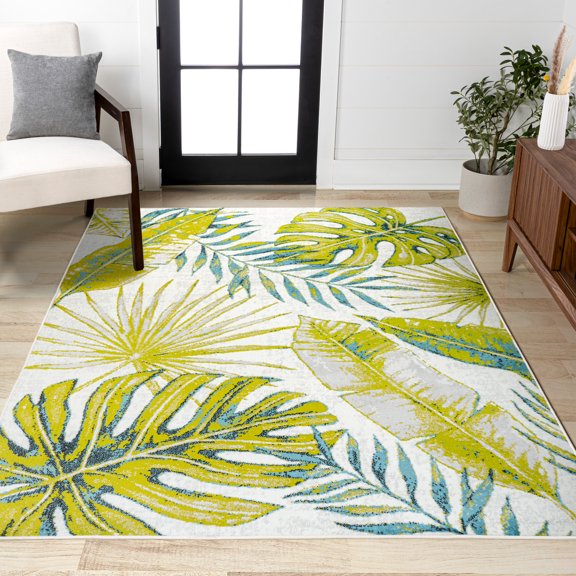 JONATHAN Y LUXOR Monstera Tropical Leaves Area Rug, 5 x 8, Ivory/Green