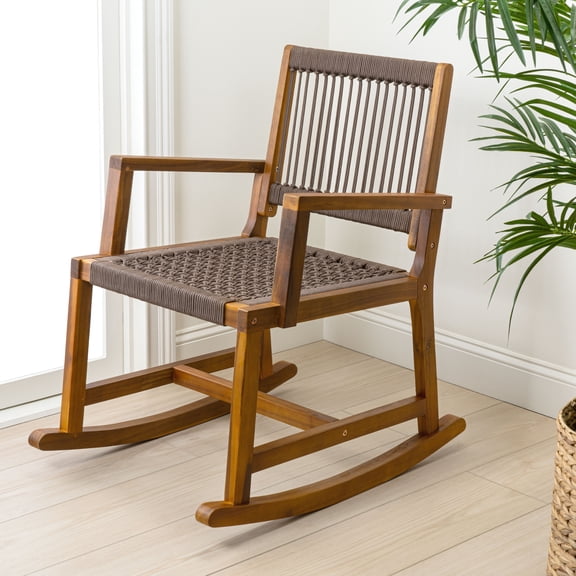 JONATHAN Y Laguna Coastal Casual 352-LBS Support Acacia Wood and Woven Rope Outdoor Rocking Chair, Brown/Natural, RCK103C