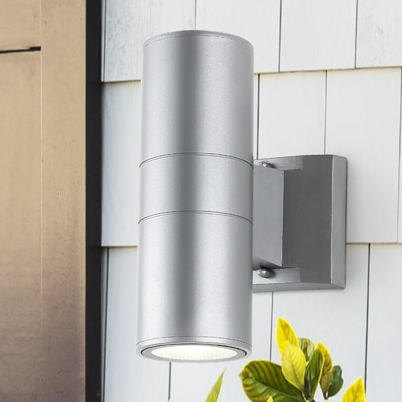 JONATHAN Y Lauren 2-Light Modern Midcentury Cylinder Outdoor Metal/Glass Integrated LED Wall Sconce with Uplight, by JONATHAN Y Silver Nickel Brushed