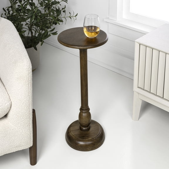 JONATHAN Y Leopold 24.5" Cottage Designer Mango Wood Pedestal Round Drink Table and Decorative End Table, Dark Brown, END3006B