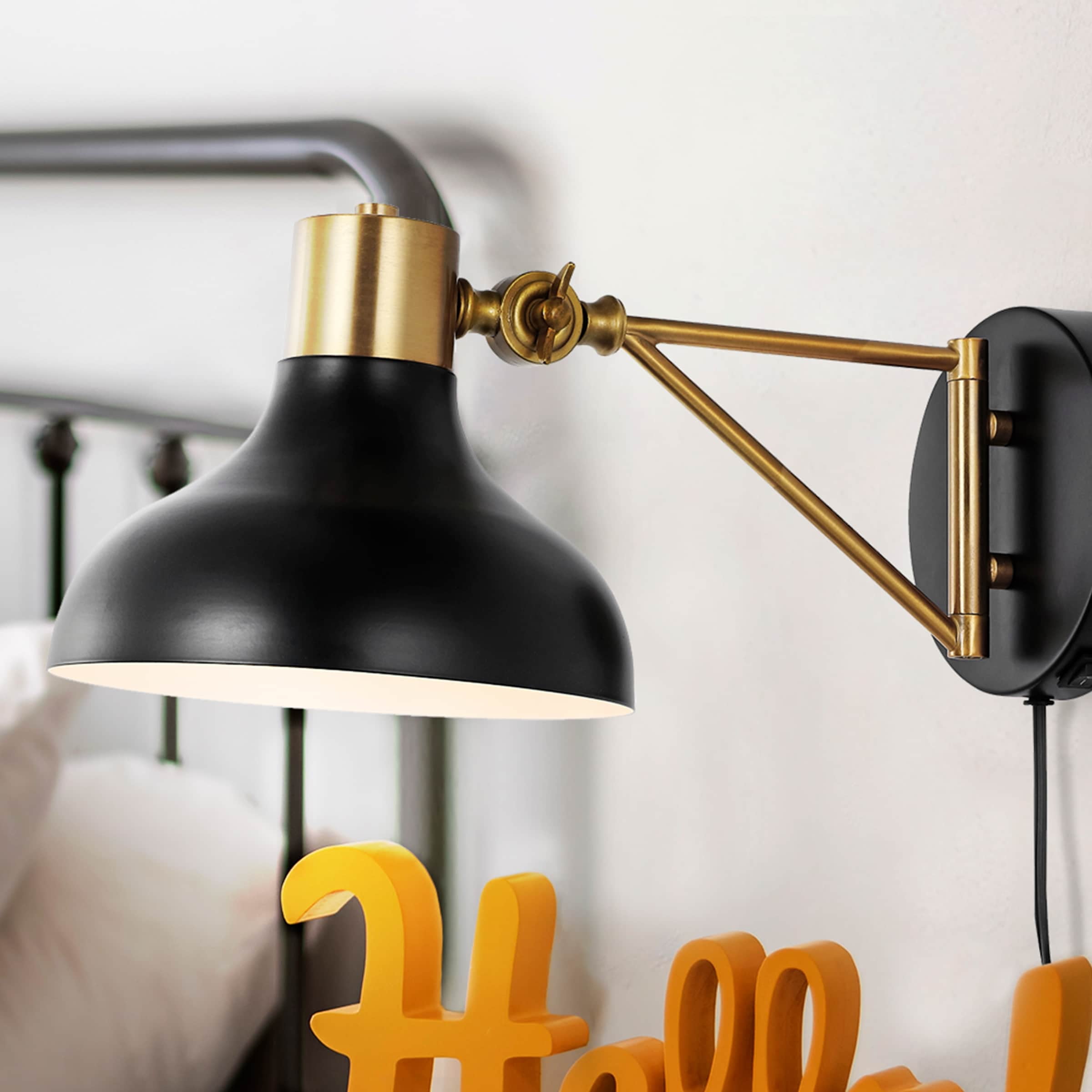 Black and Brass Iron Swing Arm Wall Sconce with USB Port