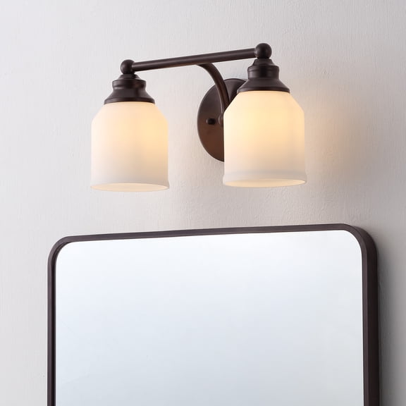JONATHAN Y Lydia 14" 2-Light Iron/Frosted Glass Farmhouse Cottage LED Vanity Light, Oil Rubbed Bronze