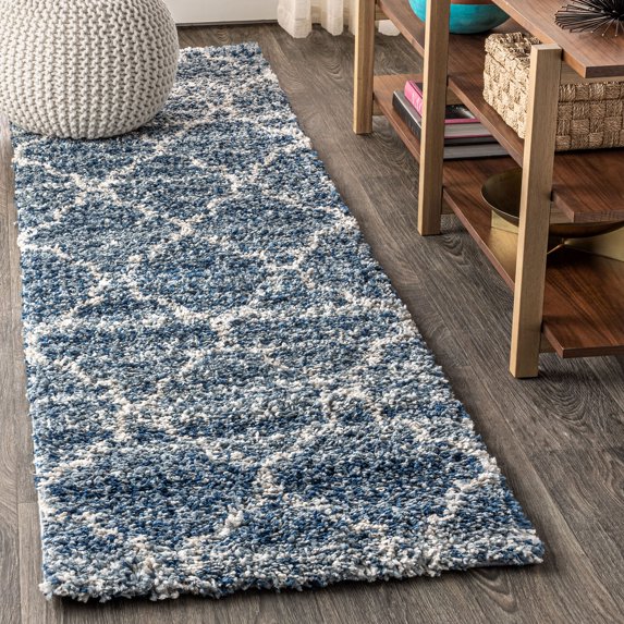 JONATHAN Y MALIBU SHAG 2 x 8 Runner Rug, Susa Ogee Moroccan Trellis - Indigo Blue/Ivory, MBS100B-28