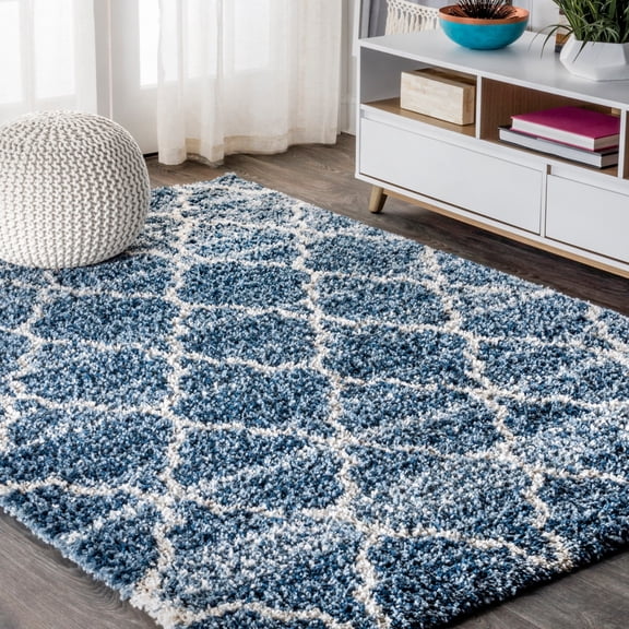 JONATHAN Y MALIBU SHAG 8 x 10 Area Rug, Susa Ogee Moroccan Trellis - Indigo Blue/Ivory, MBS100B-8