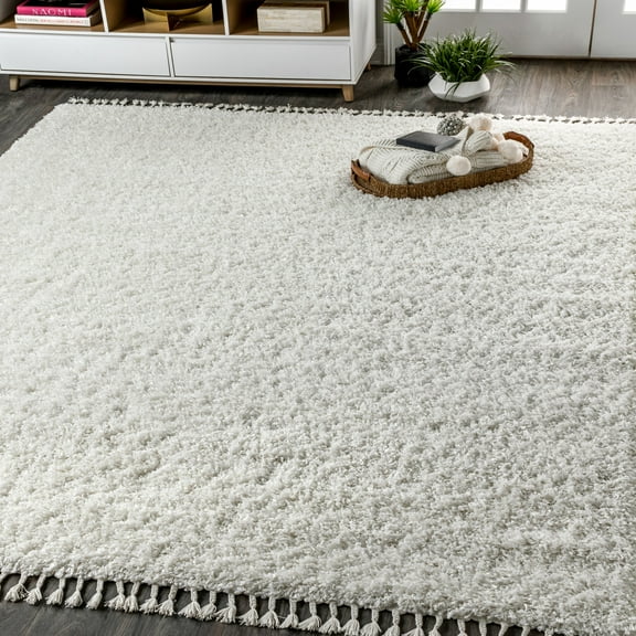 JONATHAN Y MERCER SHAG Mercer Shag Plush Tassel White 5 ft. x 8 ft. Area Rug (MCR100A-5)