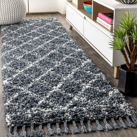 JONATHAN Y MERCER SHAG Mercer Shag Plush Tassel Moroccan Geometric Trellis Blue/Cream 2 ft. x 8 ft. Runner Rug (MCR101A-28)