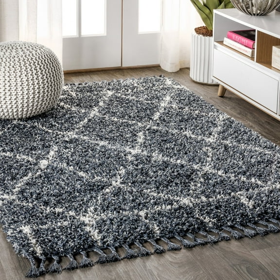 JONATHAN Y MERCER SHAG 4 x 6 Area Rug, Mercer Plush Tassel Moroccan Geometric Trellis - Blue/Cream, MCR101A-4