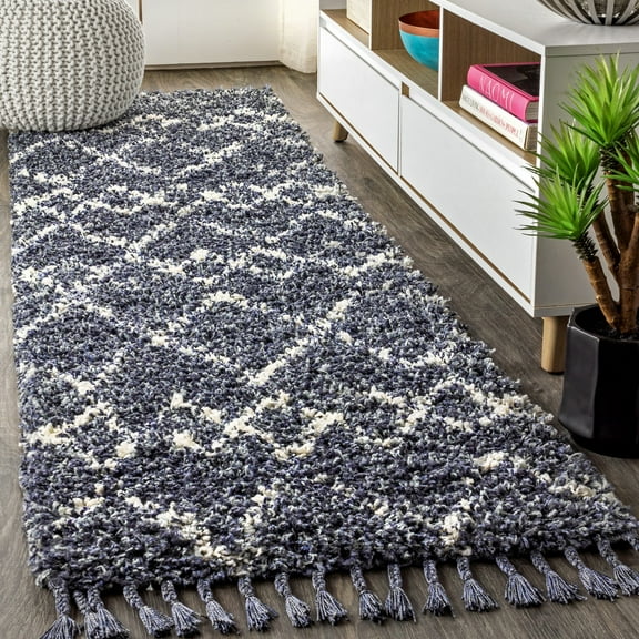 JONATHAN Y MERCER SHAG Mercer Shag Plush Tassel Moroccan Tribal Geometric Trellis Blue/Cream 2 ft. x 8 ft. Runner Rug (MCR102A-28)