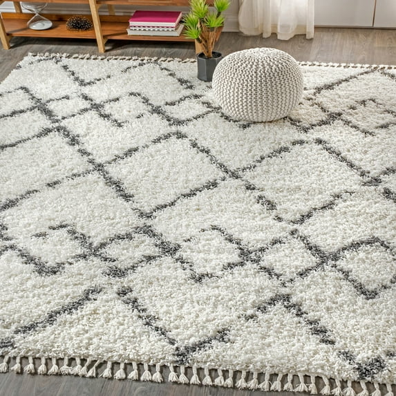 JONATHAN Y MERCER SHAG 8 x 10 Area Rug, Mercer Plush Tassel Moroccan Geometric Trellis - Ivory/Gray, MCR102B-8