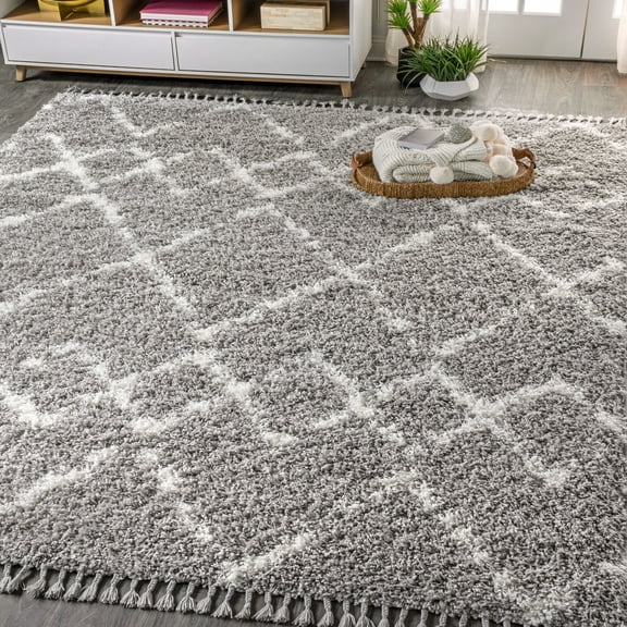 JONATHAN Y MERCER SHAG 3 x 5 Area Rug, Mercer Plush Tassel Moroccan Geometric Trellis - Gray/Ivory, MCR102C-3