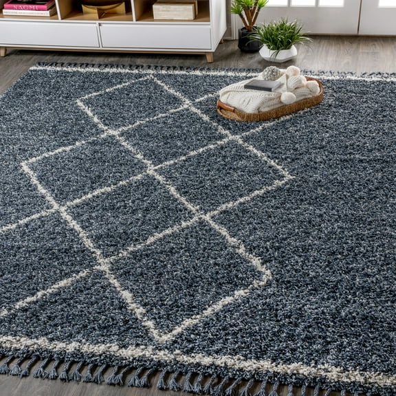 JONATHAN Y MERCER SHAG Mercer Shag Plush Tassel Moroccan Tribal Geometric Trellis Denim Blue/Cream 3 ft. x 5 ft. Area Rug (MCR103A-3)