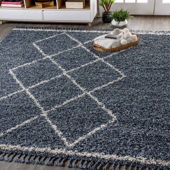 JONATHAN Y MERCER SHAG 8 x 10 Area Rug, Mercer Plush Tassel Moroccan Geometric Trellis - Denim Blue/Cream, MCR103A-8