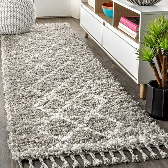 JONATHAN Y MERCER SHAG 2 x 8 Runner Rug, Mercer Plush Tassel Moroccan Geometric Trellis - Gray/Cream, MCR103C-28