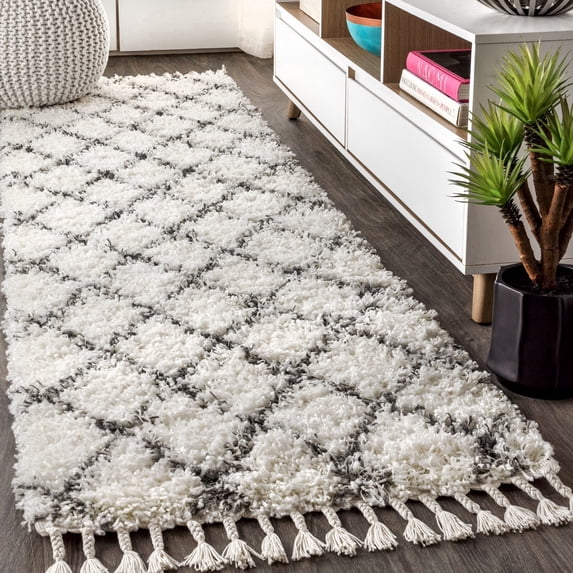 JONATHAN Y MCR104B-28 Mercer Shag Plush Tassel Moroccan Geometric Trellis Cream/Gray 2 ft. x 8 ft. Runner Rug