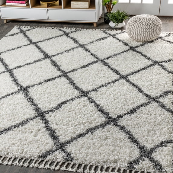 JONATHAN Y MERCER SHAG 4 x 6 Area Rug, Mercer Plush Tassel Moroccan Geometric Trellis - Cream/Gray, MCR104B-4