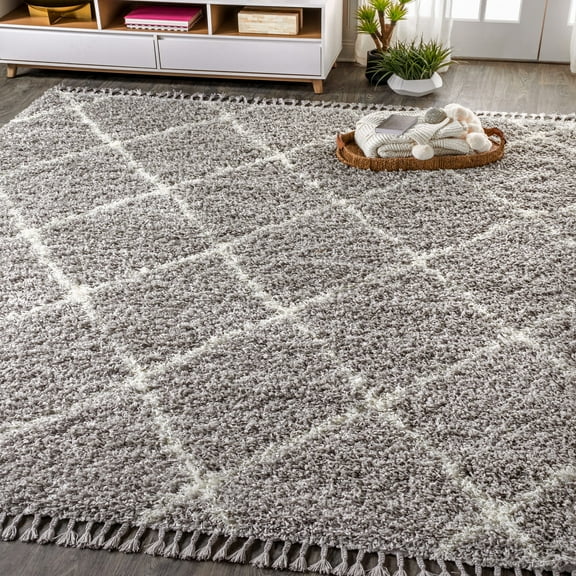 JONATHAN Y MERCER SHAG 5 x 8 Area Rug, Mercer Plush Tassel Moroccan Geometric Trellis - Gray/Cream, MCR104C-5