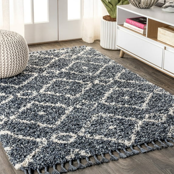 JONATHAN Y MERCER SHAG Mercer Shag Plush Tassel Moroccan Diamond Denim Blue/Cream 4 ft. x 6 ft. Area Rug (MCR105A-4)