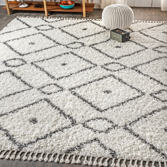 JONATHAN Y MERCER SHAG 8 x 10 Area Rug, Mercer Plush Tassel Moroccan Diamond - Cream/Gray, MCR105B-8