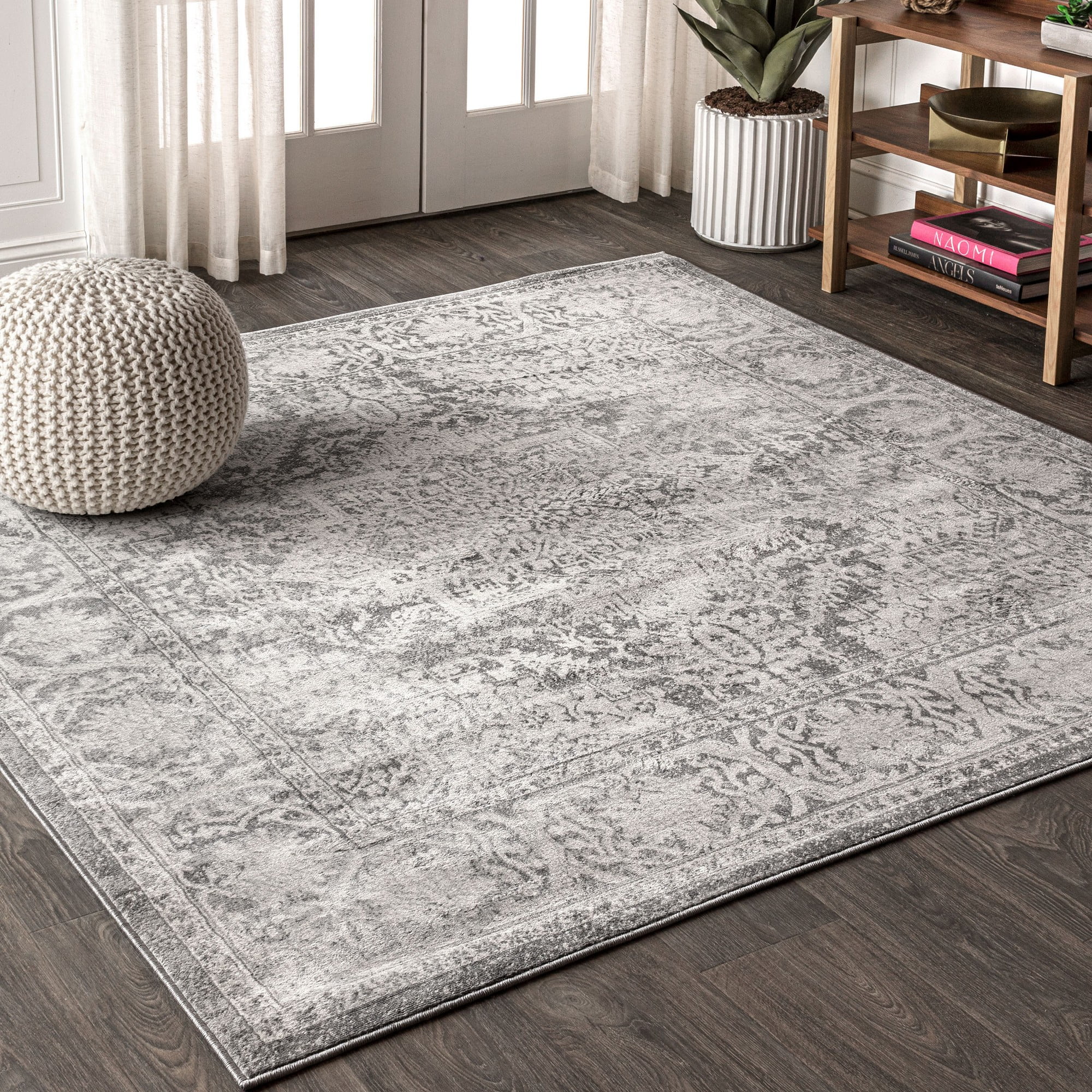 Gray Square Stain-Resistant Synthetic Area Rug