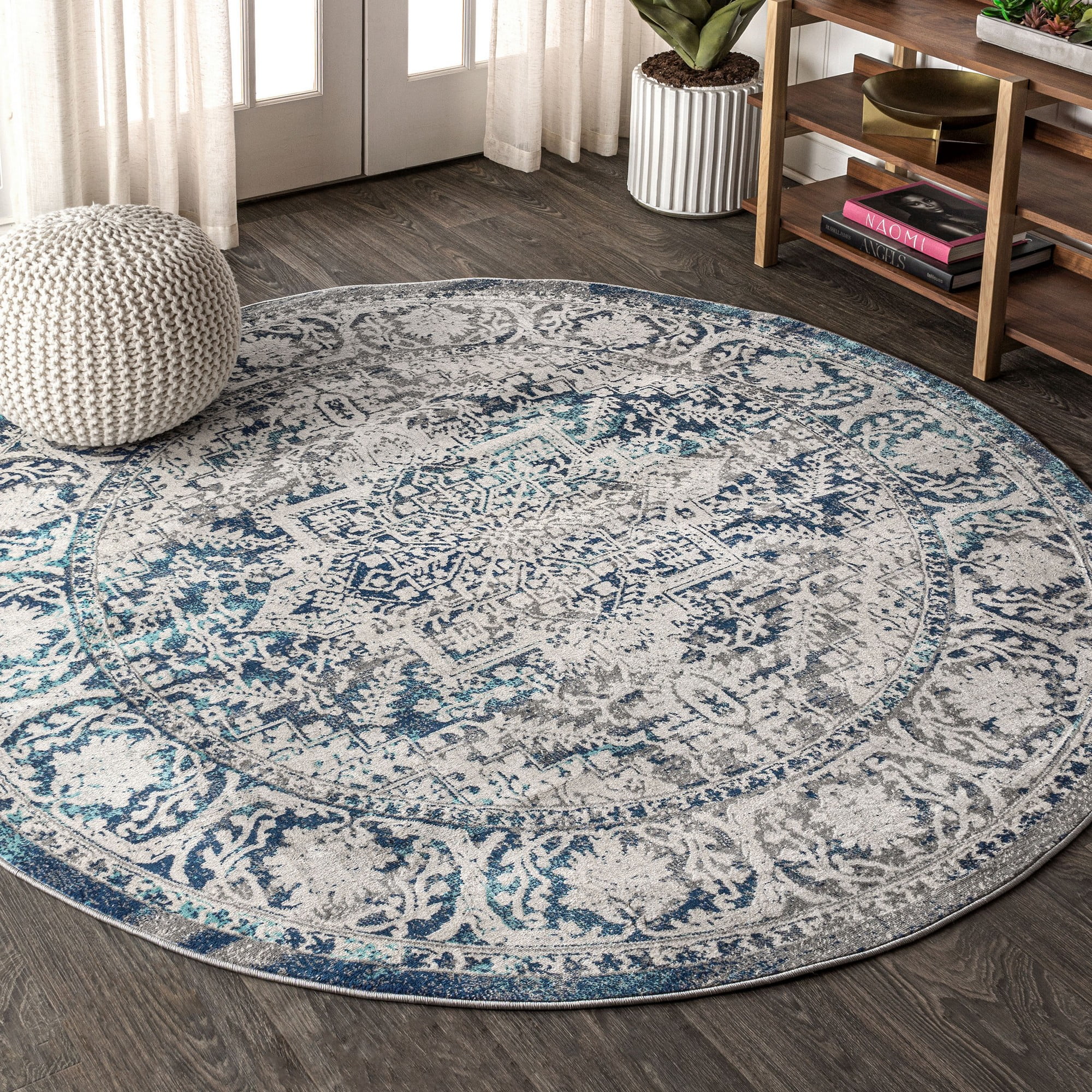 Modern Persian Vintage 8' Round Medallion Navy Area Rug