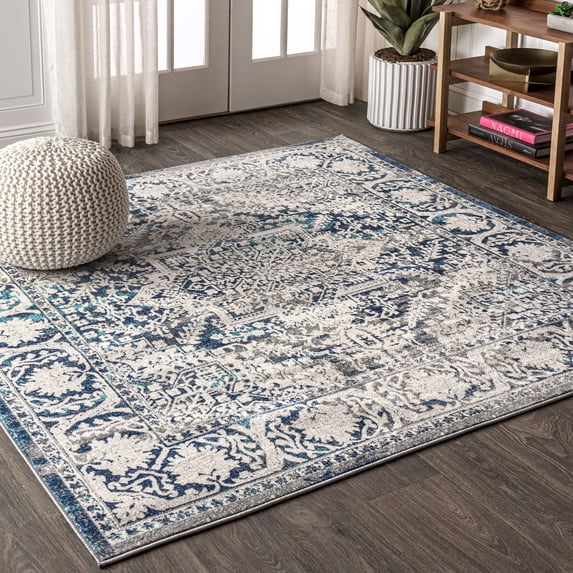 JONATHAN Y MODERN PERSIAN 8' Square Area Rug, Vintage Medallion - Navy/Light Gray, MDP100B-8SQ