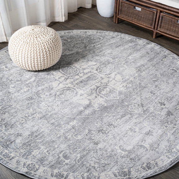 JONATHAN Y MODERN PERSIAN 5' Round Area Rug, Vintage Medallion - Gray, MDP104B-5R