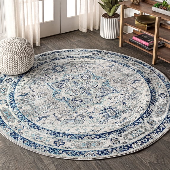 JONATHAN Y MODERN PERSIAN 5' Round Area Rug, Vintage Medallion - Blue/Light Gray, MDP106A-5R