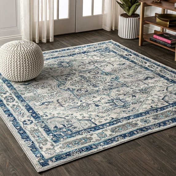 JONATHAN Y MODERN PERSIAN 5' Square Area Rug, Vintage Medallion - Blue/Light Gray, MDP106A-5SQ