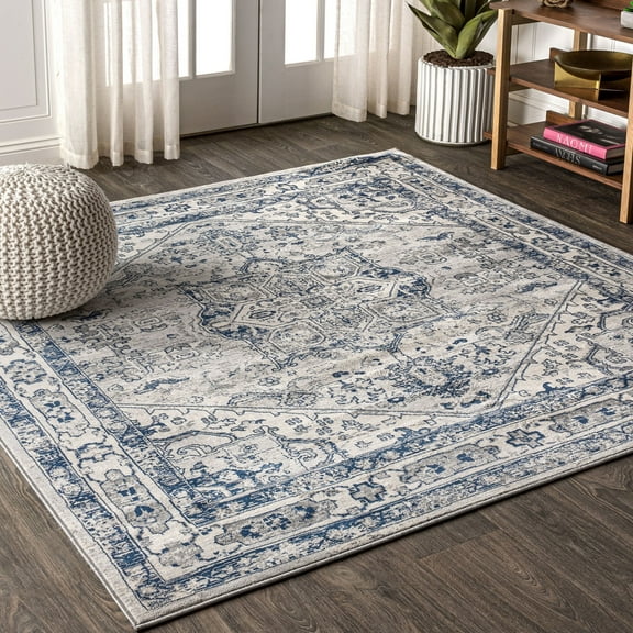 JONATHAN Y MODERN PERSIAN 8' Square Area Rug, Vintage Medallion - Light Gray/Navy, MDP106B-8SQ