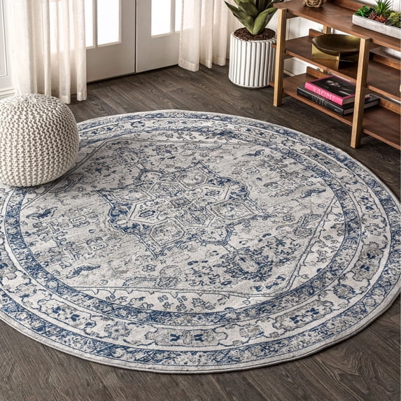 JONATHAN Y MODERN PERSIAN 9' Round Area Rug, Vintage Medallion - Light Gray/Navy, MDP106B-9R