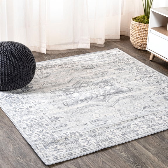 JONATHAN Y MODERN PERSIAN 5' Square Area Rug, Vintage Medallion - Light Grey, MDP108B-5SQ