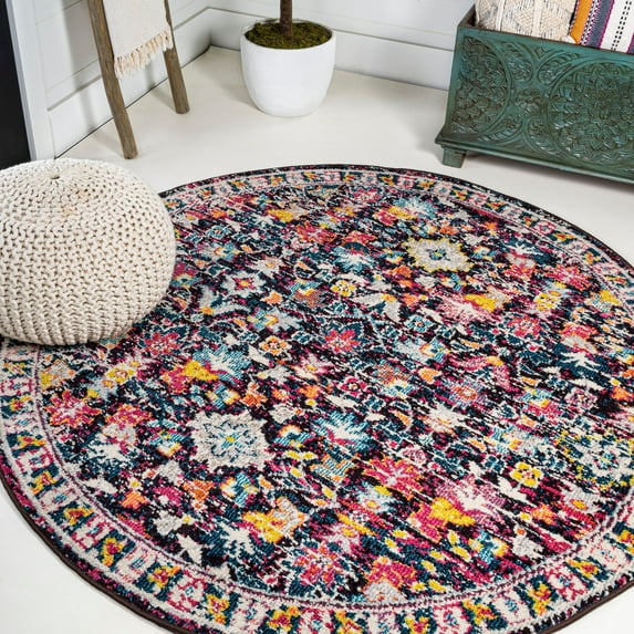 JONATHAN Y MODERN PERSIAN 5' Round Area Rug, Boho Floral - Multi/Purple, MDP200A-5R