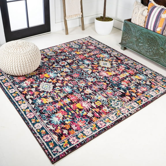 JONATHAN Y MODERN PERSIAN 5' Square Area Rug, Boho Floral - Multi/Purple, MDP200A-5SQ