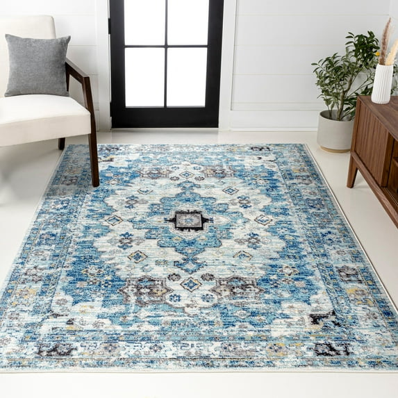 JONATHAN Y MODERN PERSIAN 8 x 10 Area Rug, Boho Vintage Medallion - Cream/Blue, MDP202A-8